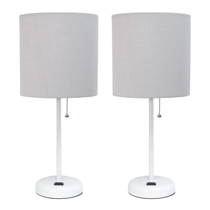 Set of Two 20" White Metal Table Lamp With Gray Drum Shade