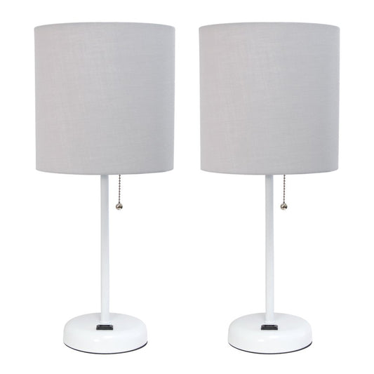 Set of Two 20" White Metal Table Lamp With Gray Drum Shade