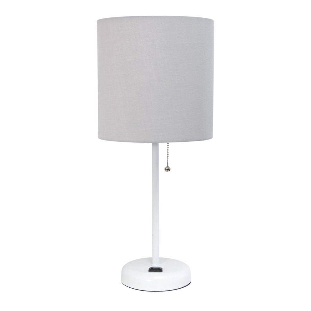 Set of Two 20" White Metal Table Lamp With Gray Drum Shade