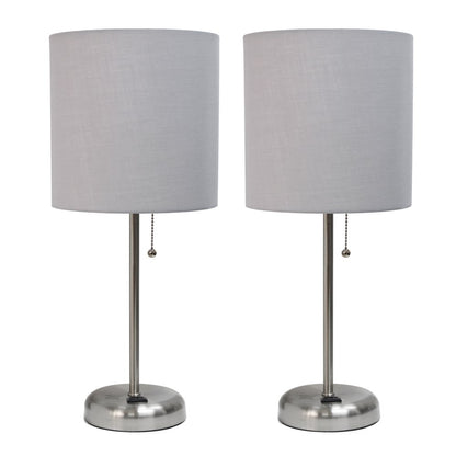 Set of Two 20" Silver Metal Table Lamp With Gray Drum Shade