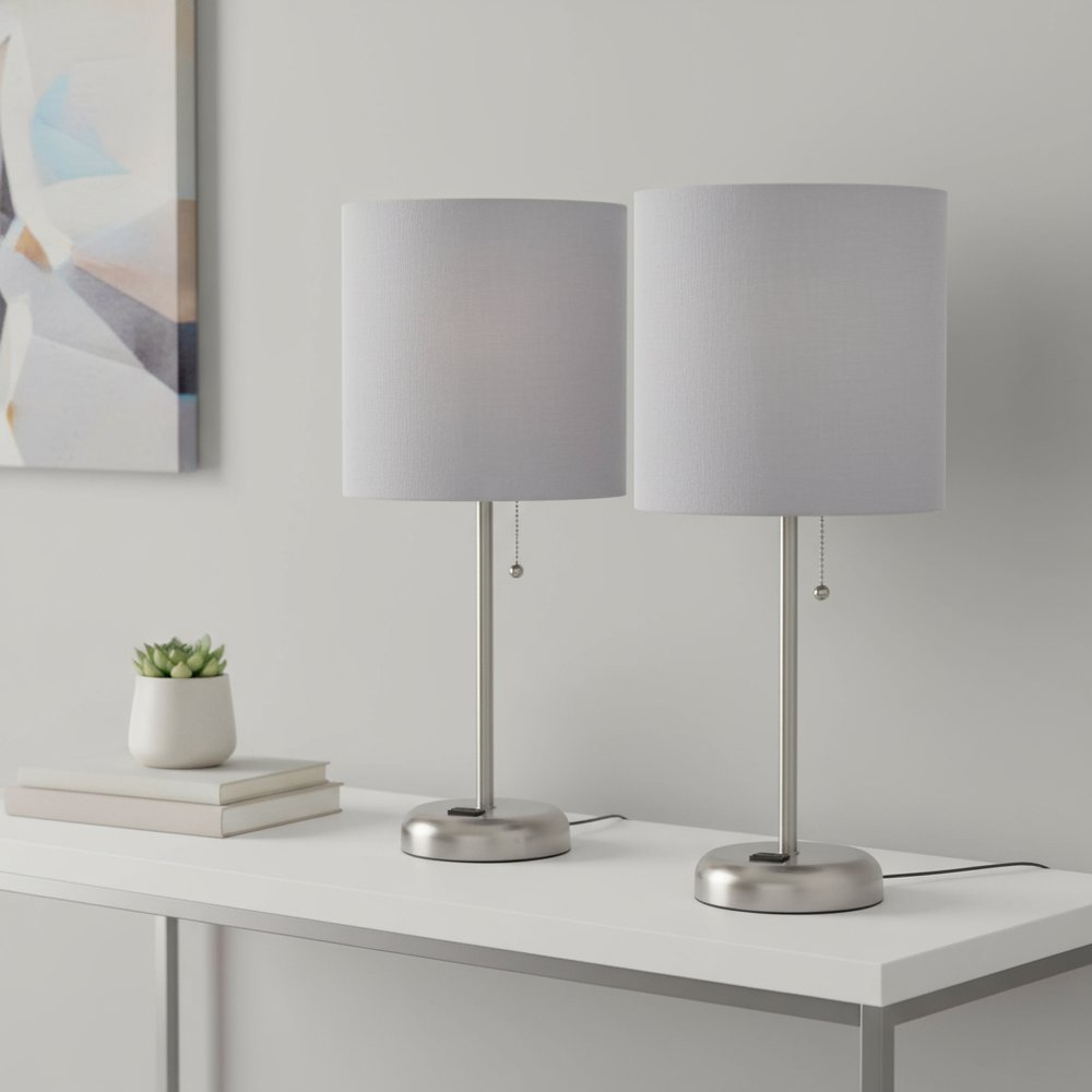 Set of Two 20" Silver Metal Table Lamp With Gray Drum Shade