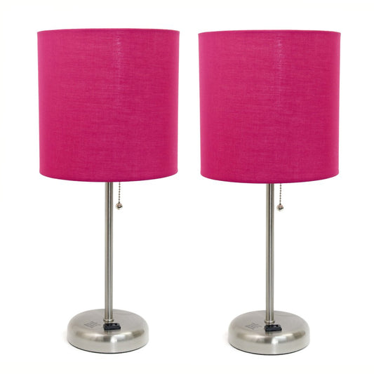 Set of Two 20" Silver Metal Table Lamp With Pink Drum Shade