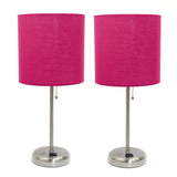 Set of Two 20" Silver Metal Table Lamp With Pink Drum Shade