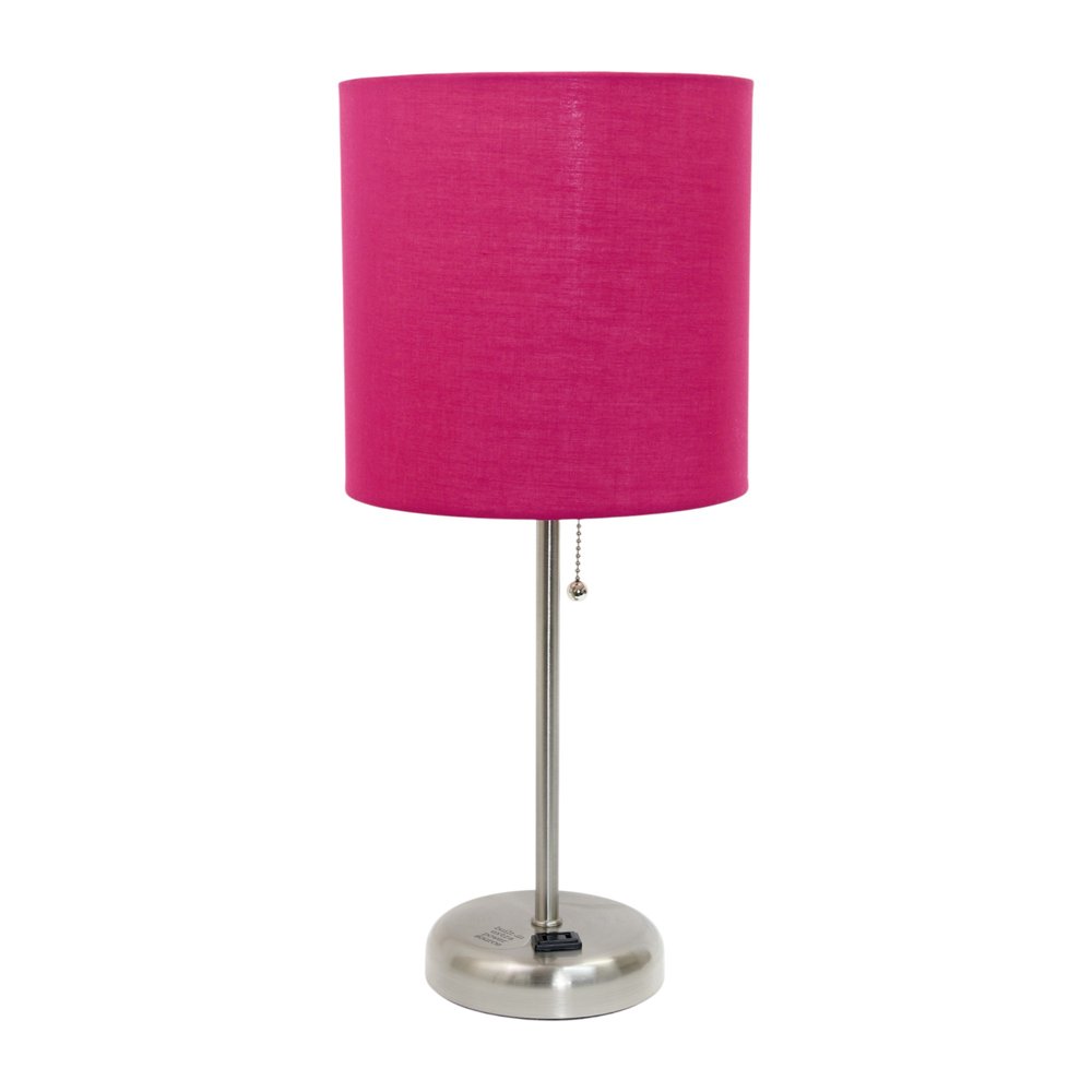 Set of Two 20" Silver Metal Table Lamp With Pink Drum Shade