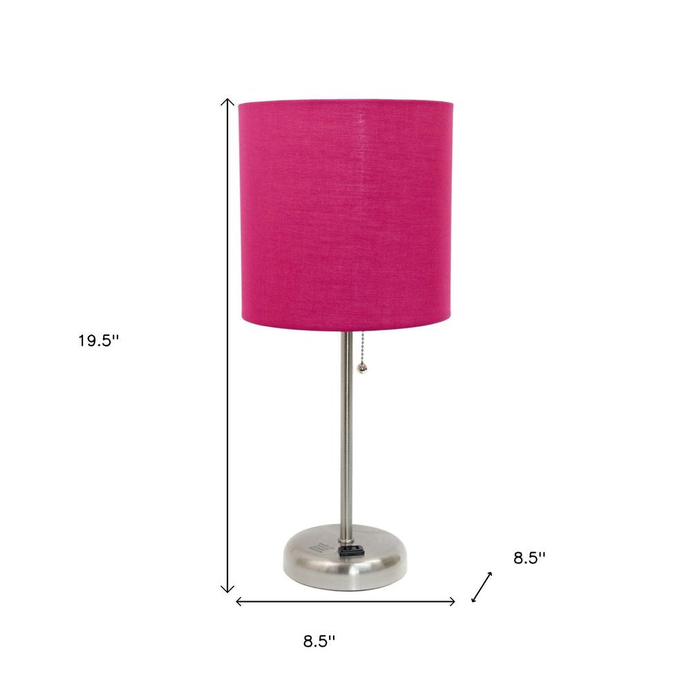 Set of Two 20" Silver Metal Table Lamp With Pink Drum Shade