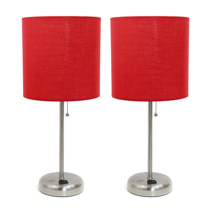 Set of Two 20" Silver Metal Table Lamp With Red Drum Shade