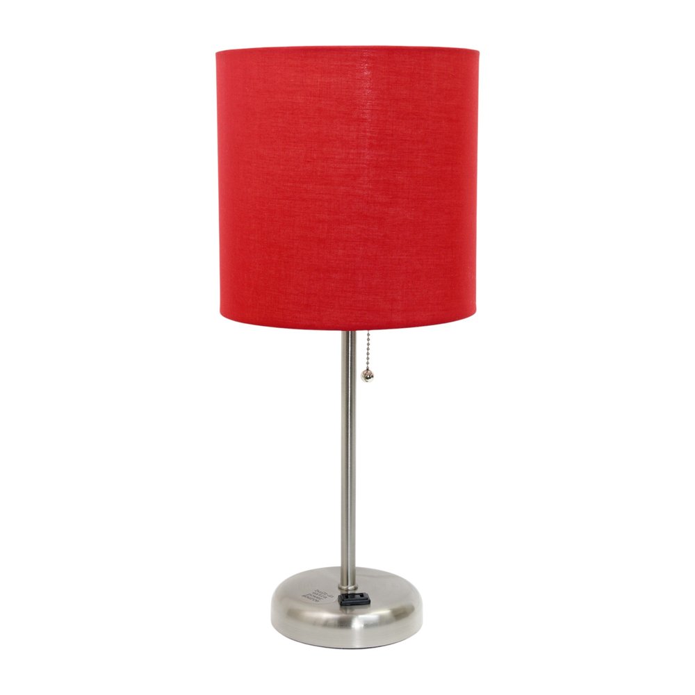 Set of Two 20" Silver Metal Table Lamp With Red Drum Shade