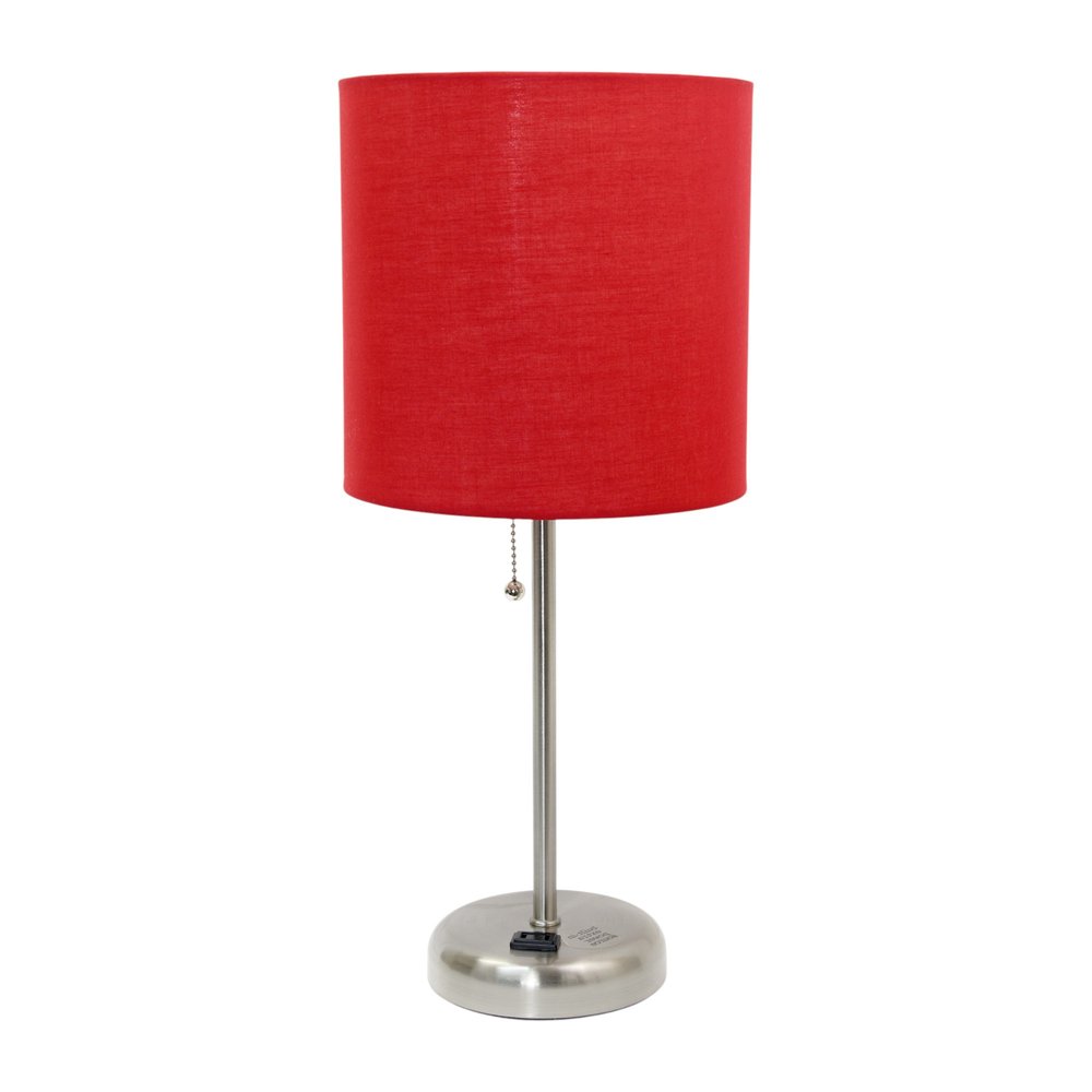 Set of Two 20" Silver Metal Table Lamp With Red Drum Shade