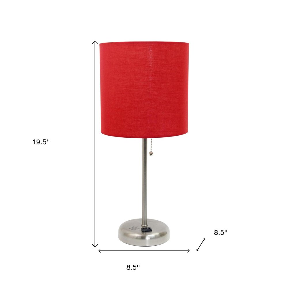 Set of Two 20" Silver Metal Table Lamp With Red Drum Shade