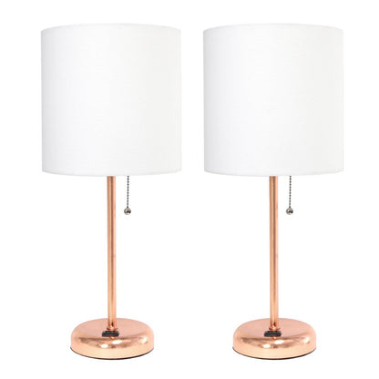 Set of Two 20" Rose Gold Metal Table Lamp With White Drum Shade