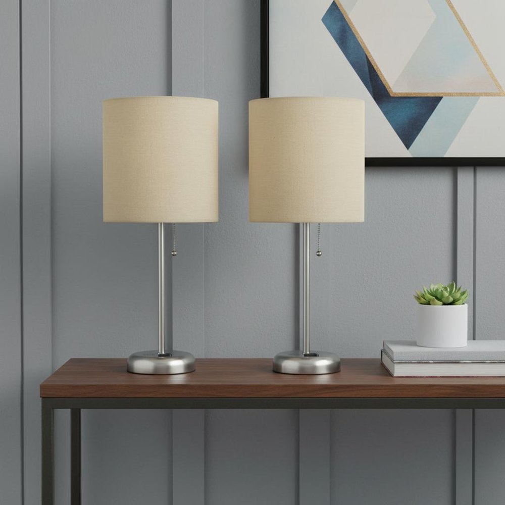 Set of Two 20" Silver Metal Table Lamp With Tan Drum Shade