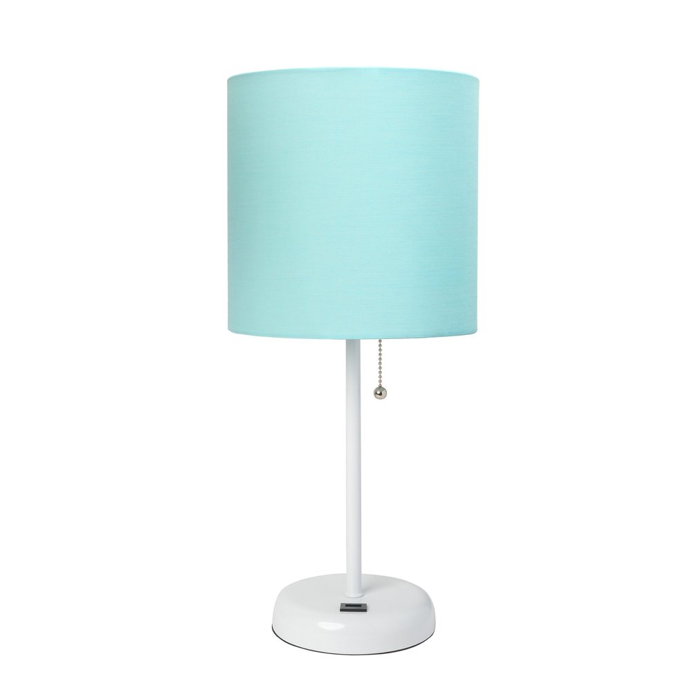 20" White Metal USB Table Lamp LED With Aqua Drum Shade