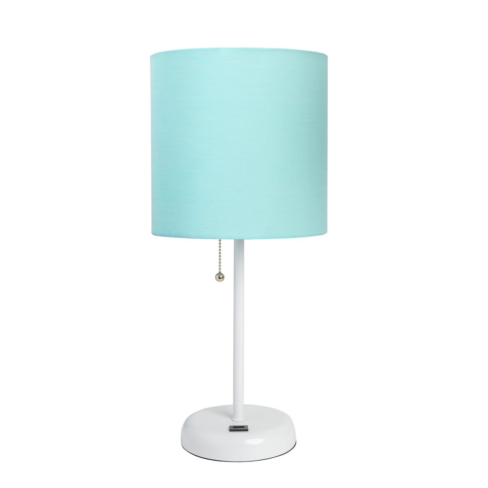 20" White Metal USB Table Lamp LED With Aqua Drum Shade