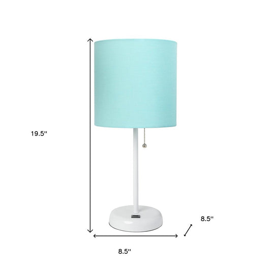 20" White Metal USB Table Lamp LED With Aqua Drum Shade