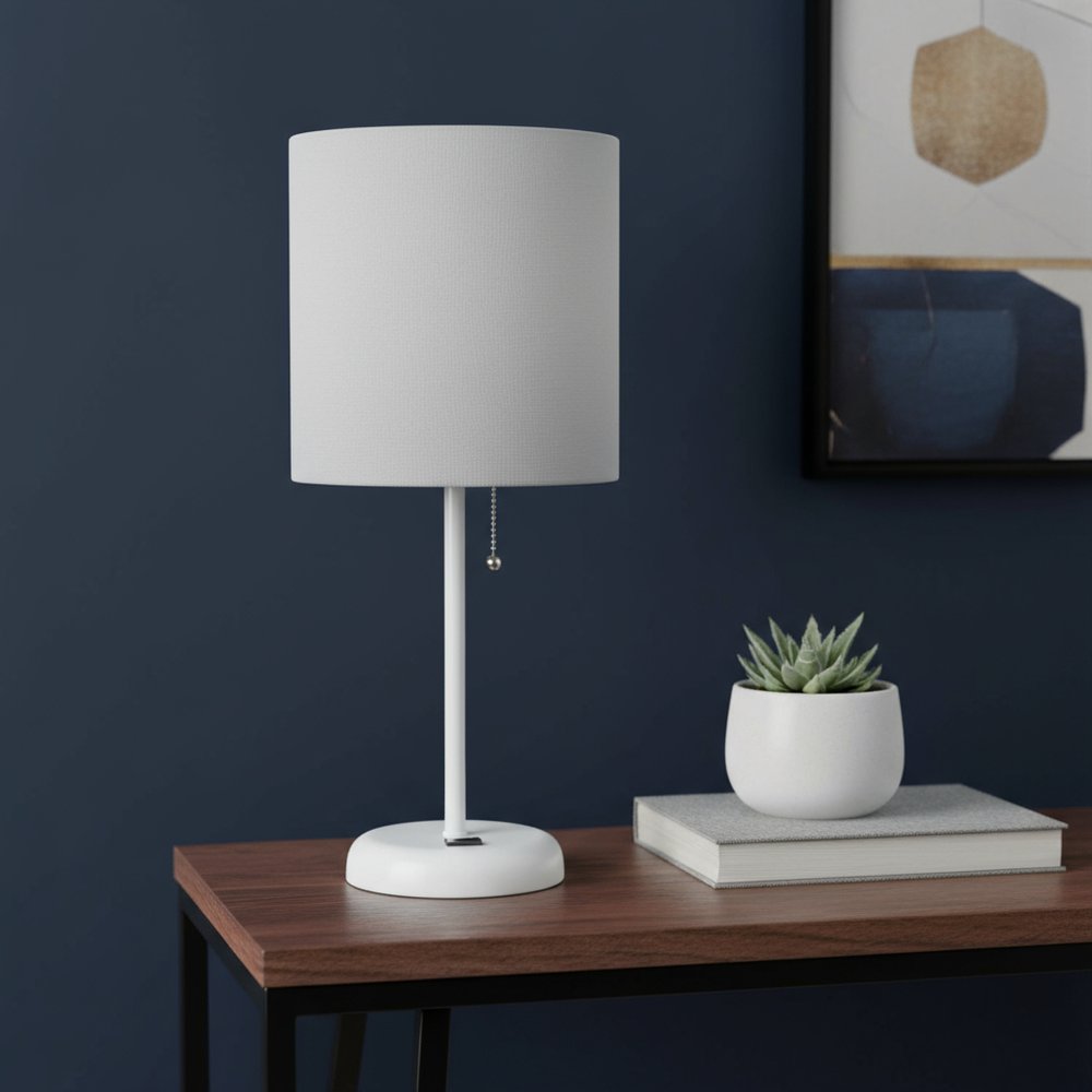 20" White Metal USB Table Lamp LED With Gray Drum Shade