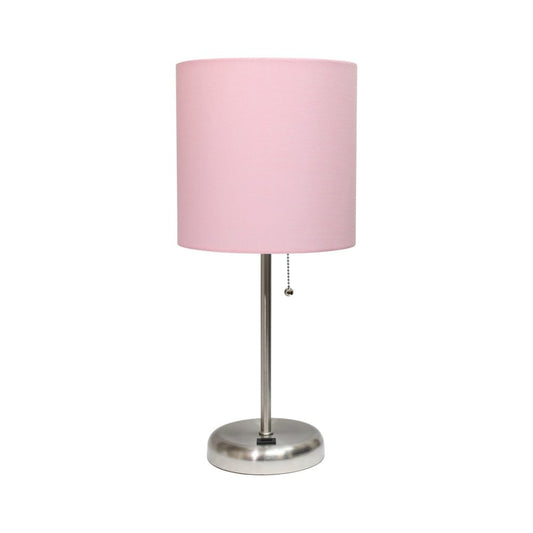 20" Silver Metal USB Table Lamp LED With Light Pink Drum Shade