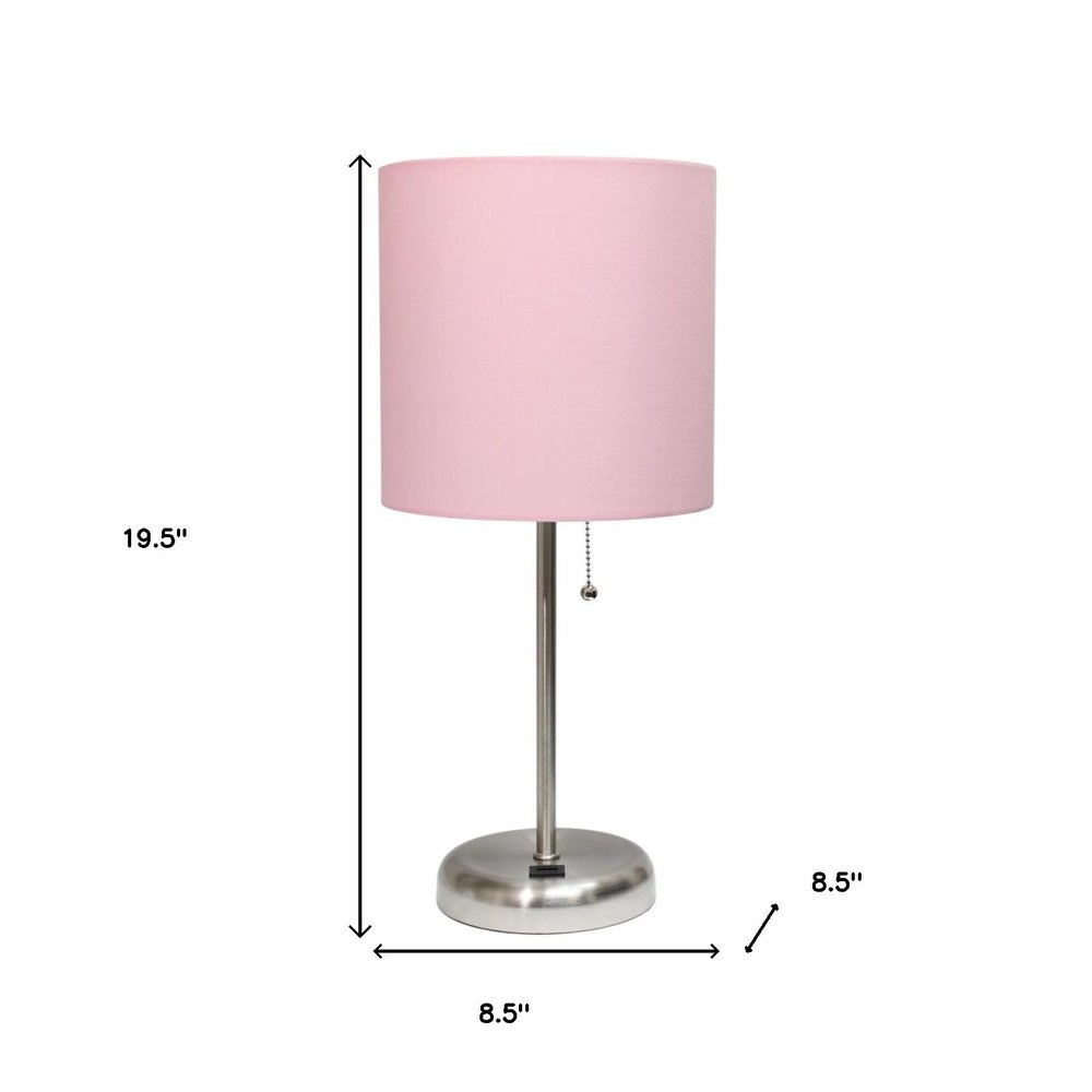 20" Silver Metal USB Table Lamp LED With Light Pink Drum Shade