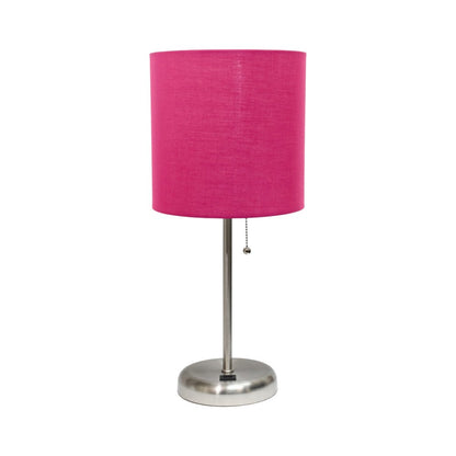 20" Silver Metal USB Table Lamp LED With Pink Drum Shade