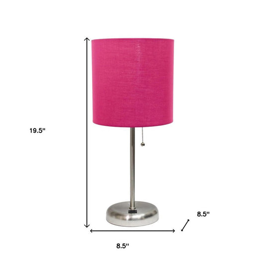 20" Silver Metal USB Table Lamp LED With Pink Drum Shade