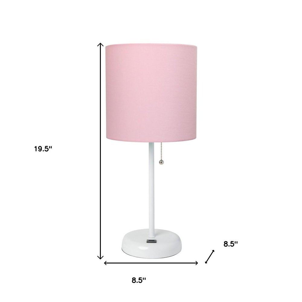 20" White Metal USB Table Lamp LED With Pink Drum Shade