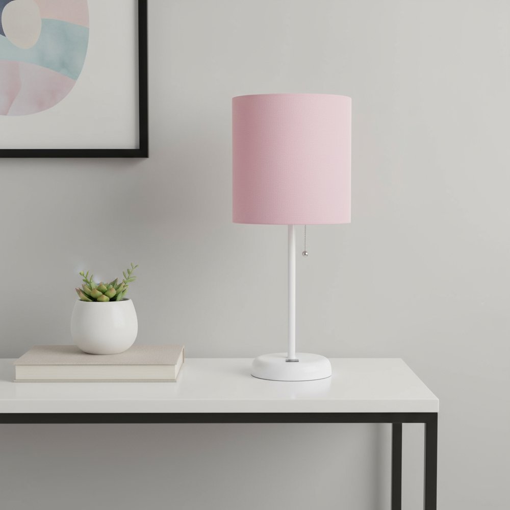 20" White Metal USB Table Lamp LED With Pink Drum Shade