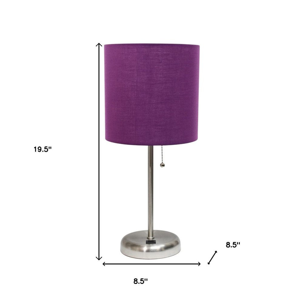 20" Silver Metal USB Table Lamp LED With Purple Drum Shade