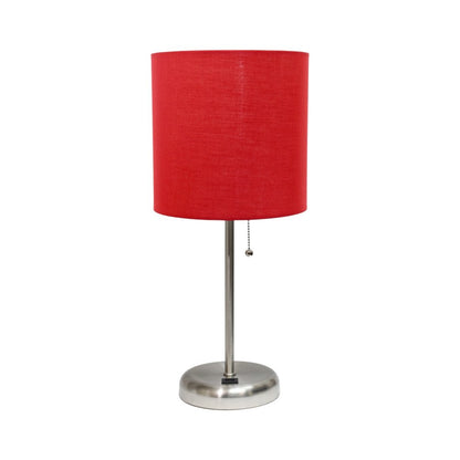 20" Silver Metal USB Table Lamp LED With Red Drum Shade