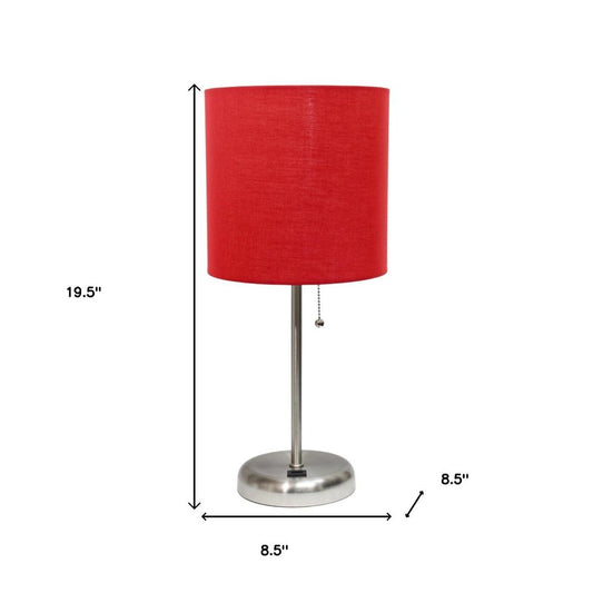 20" Silver Metal USB Table Lamp LED With Red Drum Shade