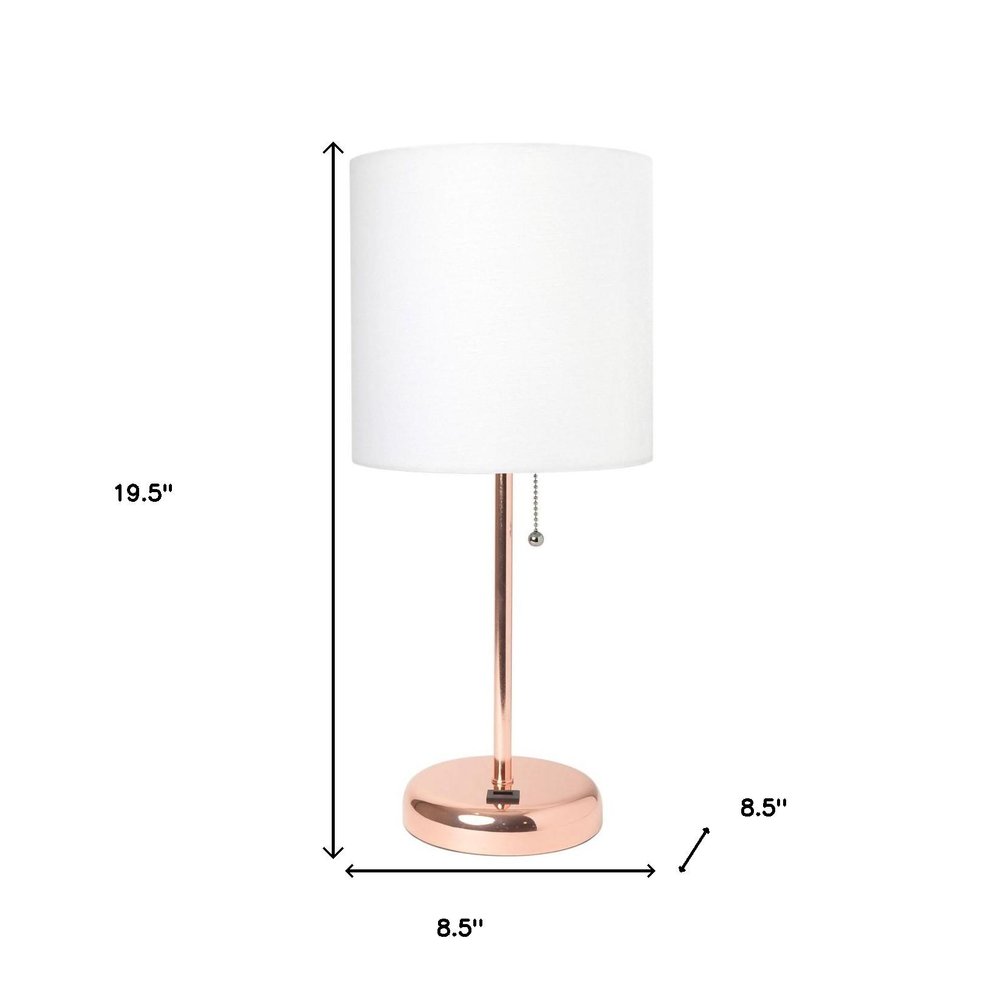 20" Rose Gold Metal USB Table Lamp LED With White Drum Shade