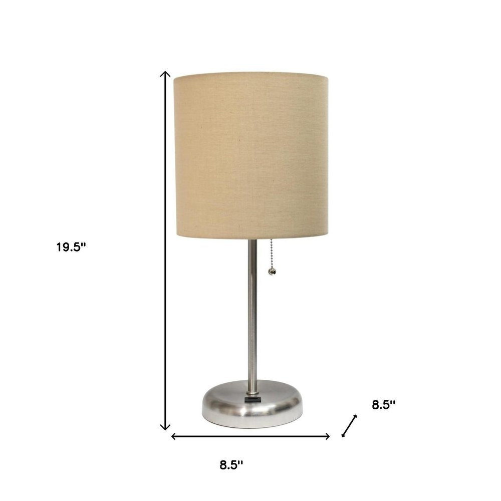 20" Silver Metal USB Table Lamp LED With Tan Drum Shade