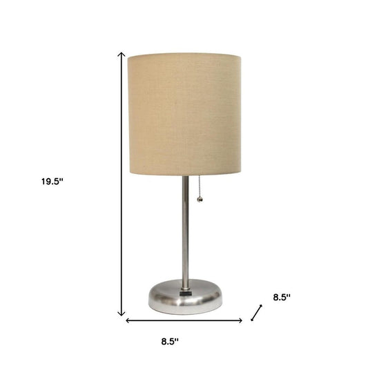 20" Silver Metal USB Table Lamp LED With Tan Drum Shade