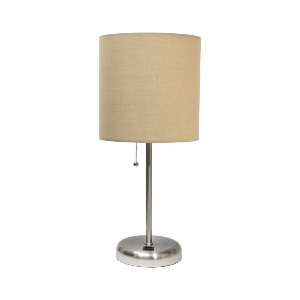 20" Silver Metal USB Table Lamp LED With Tan Drum Shade