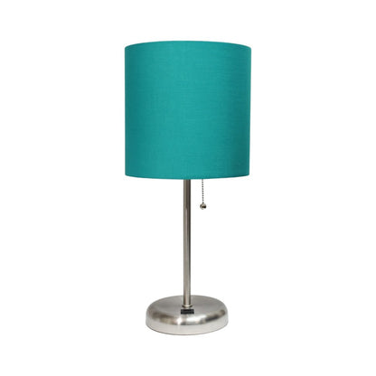 20" Silver Metal USB Table Lamp LED With Teal Blue Drum Shade