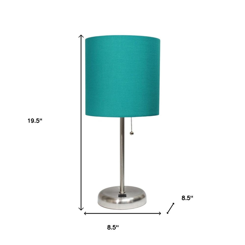 20" Silver Metal USB Table Lamp LED With Teal Blue Drum Shade