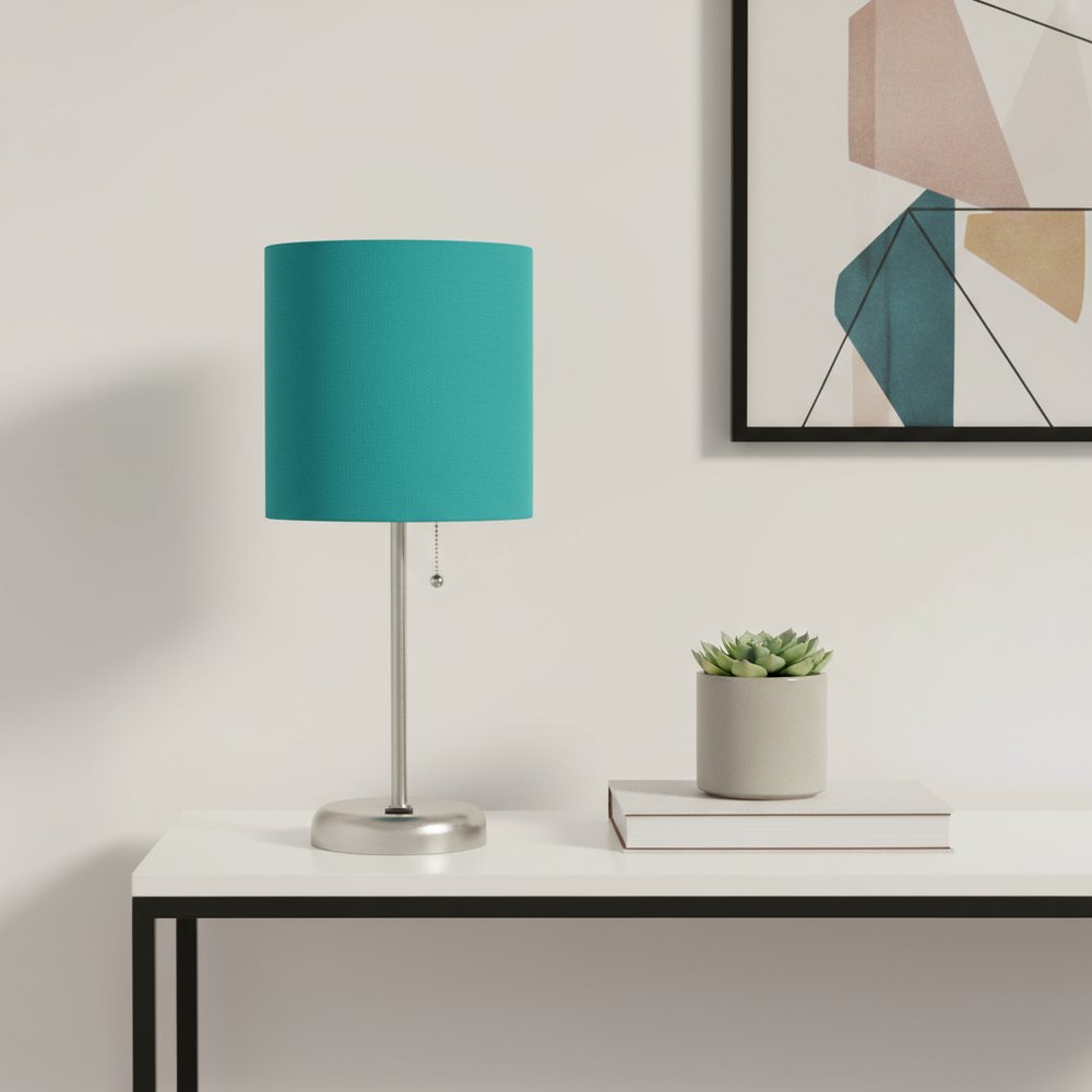 20" Silver Metal USB Table Lamp LED With Teal Blue Drum Shade