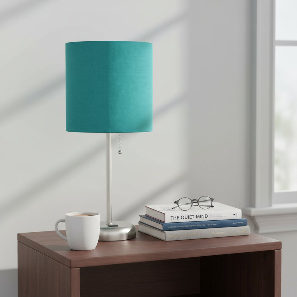 20" Silver Metal USB Table Lamp LED With Teal Blue Drum Shade