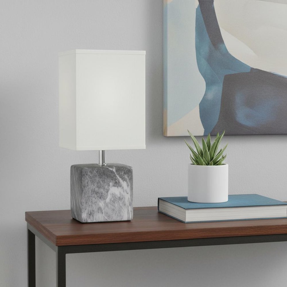 12" White Ceramic Square Table Lamp With White Shade