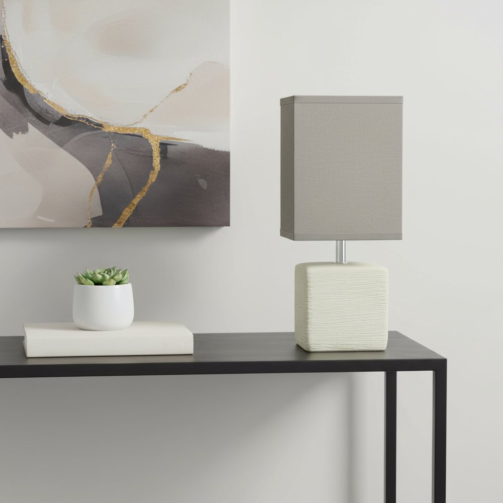 12" White Ceramic Square Table Lamp With Gray Shade