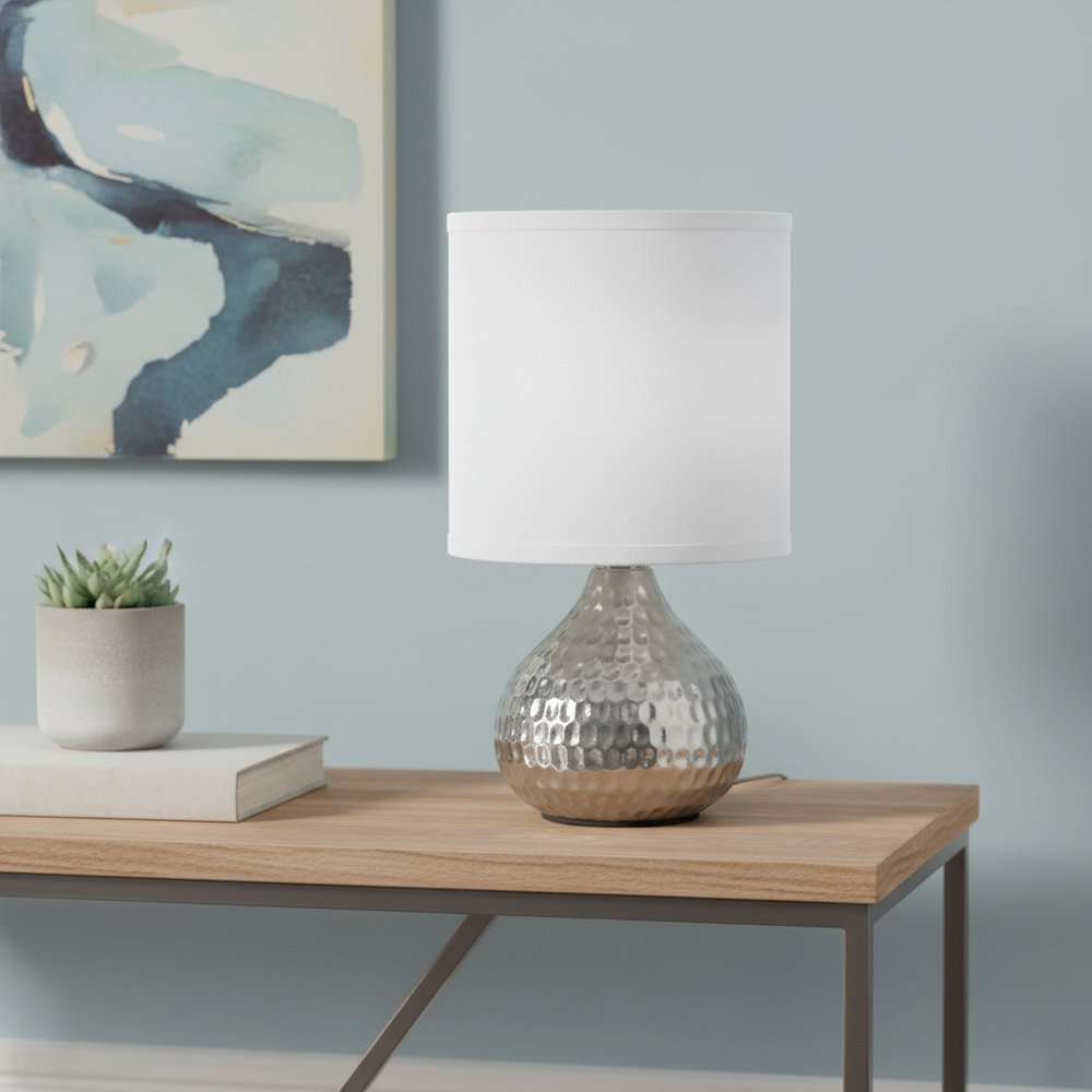 9" Silver Metal Round Table Lamp With White Drum Shade