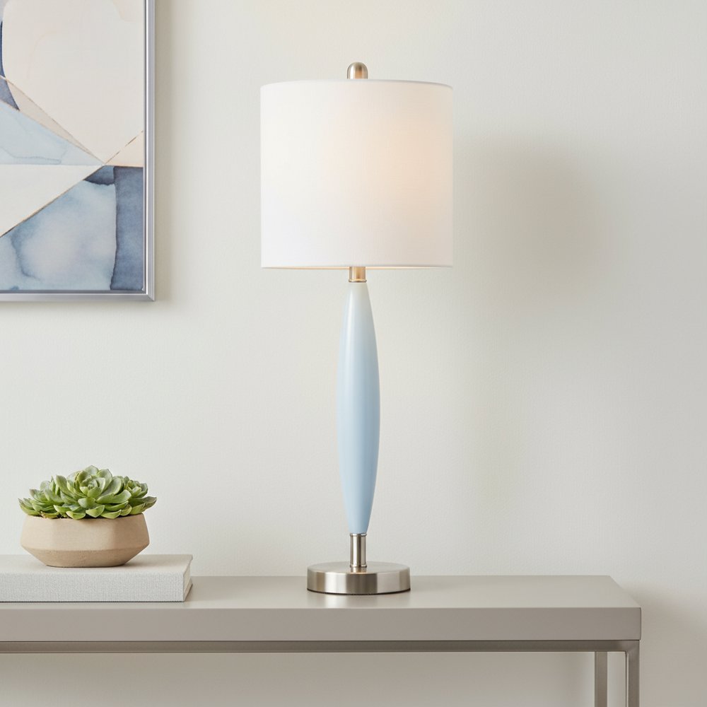 27" Blue And Silver Metal Novelty Table Lamp With White Drum Shade