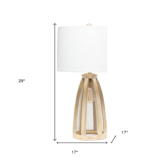 29" Natural And White Manufactured Wood And Metal Round Table Lamp With White Drum Shade