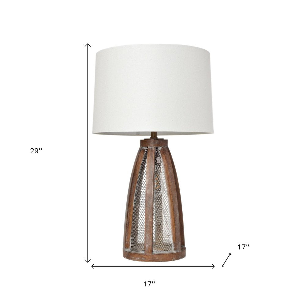29" Natural Manufactured Wood And Metal Round Table Lamp With White Drum Shade