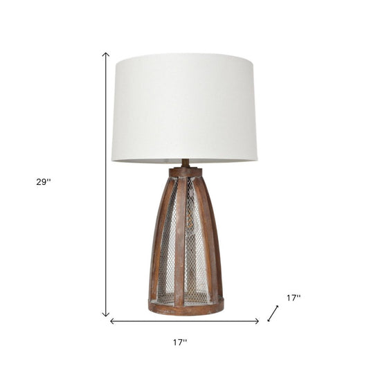 29" Natural Manufactured Wood And Metal Round Table Lamp With White Drum Shade