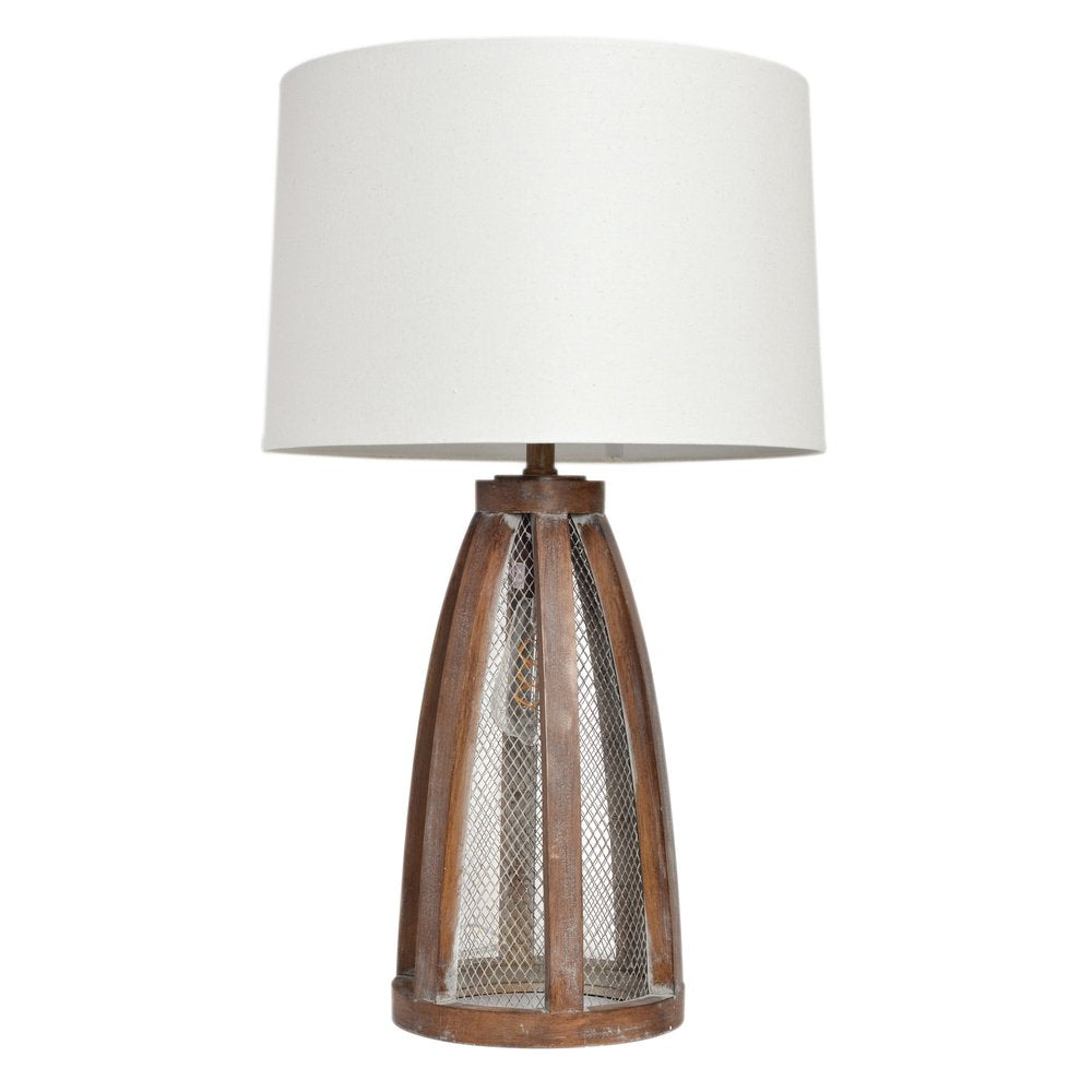 29" Natural Manufactured Wood And Metal Round Table Lamp With White Drum Shade
