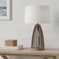29" Natural Manufactured Wood And Metal Round Table Lamp With White Drum Shade