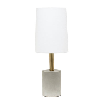 18" Gray And Antiqued Brass Concrete And Metal Table Lamp With White Drum Shade