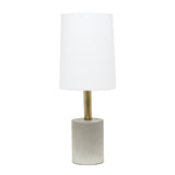 18" Gray And Antiqued Brass Concrete And Metal Table Lamp With White Drum Shade