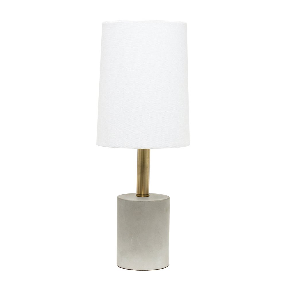 18" Gray And Antiqued Brass Concrete And Metal Table Lamp With White Drum Shade