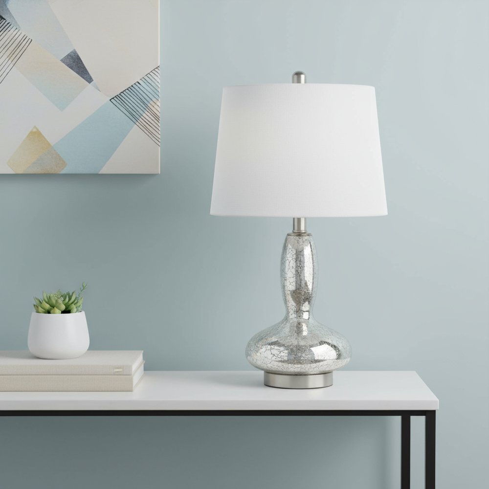 23" Clear And Silver Glass And Metal Novelty Table Lamp With White Drum Shade