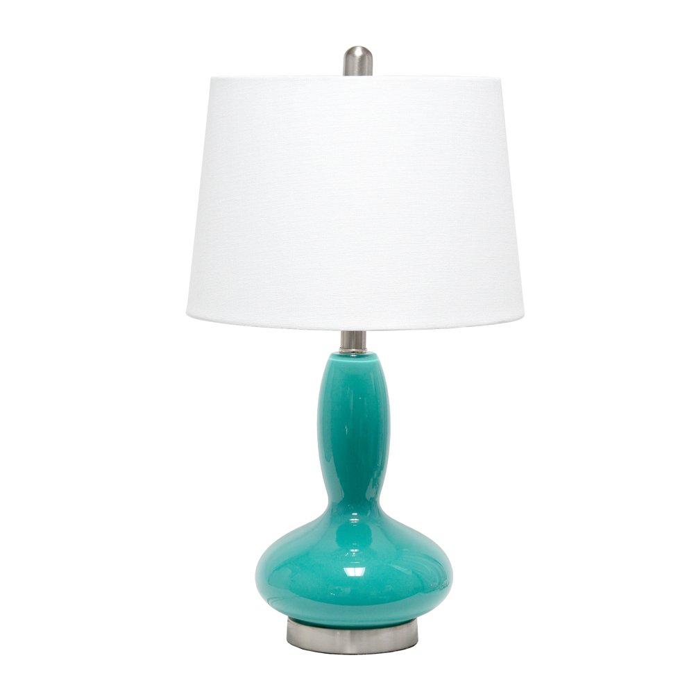 23" Teal Blue And Silver Glass And Metal Novelty Table Lamp With White Drum Shade